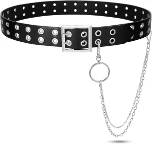 SUOSDEY Double Grommet Leather Belt with Detachable Chain for Women Men,Punk Black Belt with Double Studded Holes for Jeans