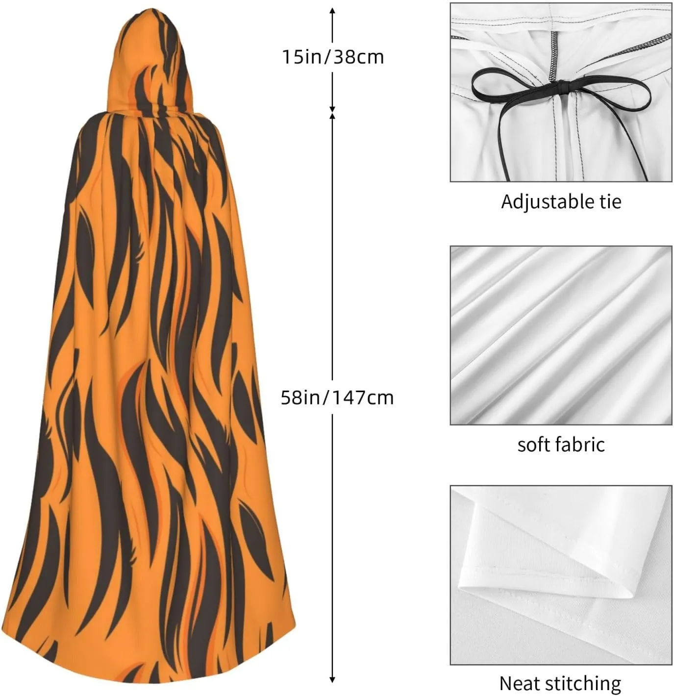 Tiger Stripes Cloak Orange Halloween Costume Hooded Cape for Men Women Cosplay Party