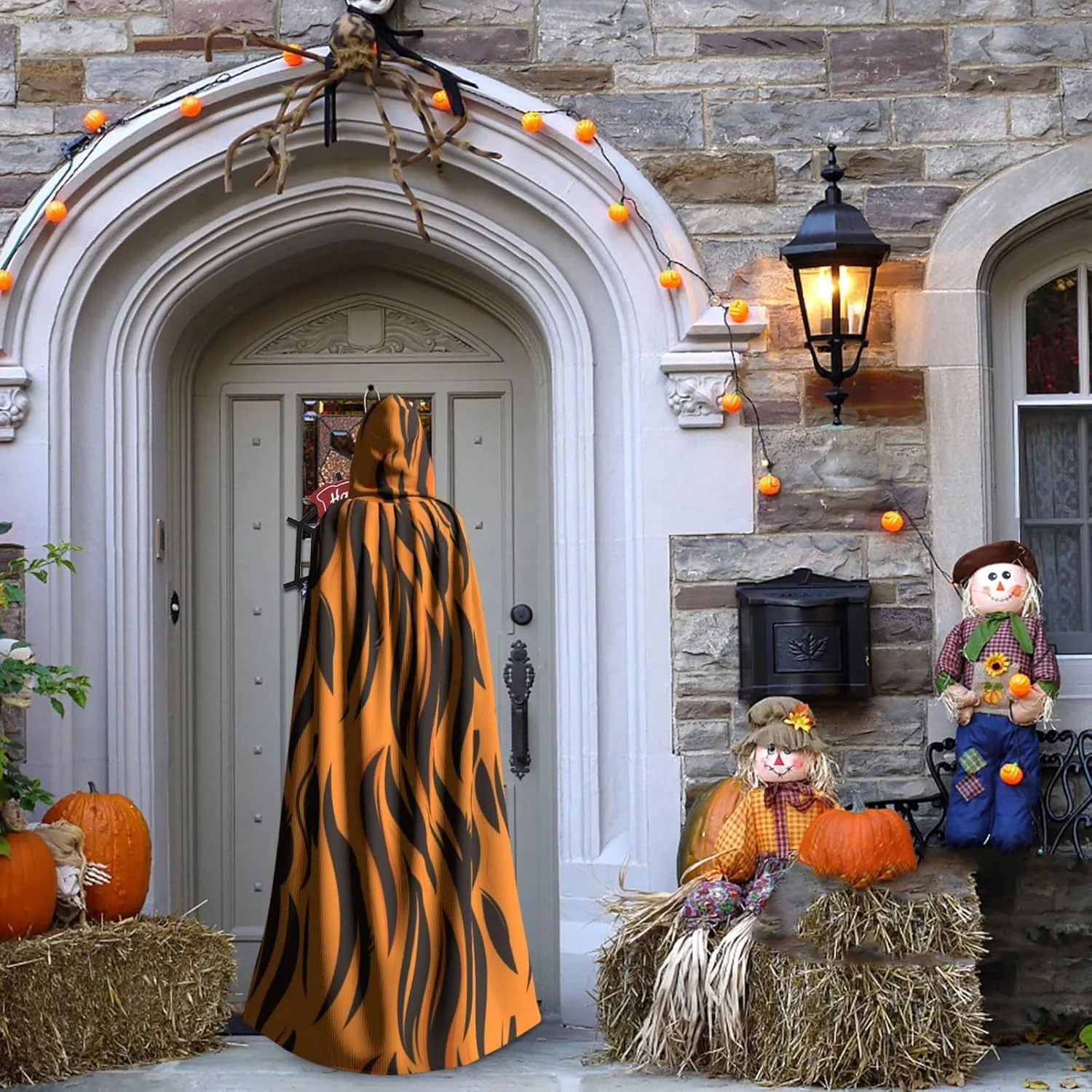 Tiger Stripes Cloak Orange Halloween Costume Hooded Cape for Men Women Cosplay Party