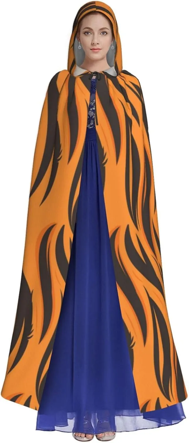 Tiger Stripes Cloak Orange Halloween Costume Hooded Cape for Men Women Cosplay Party