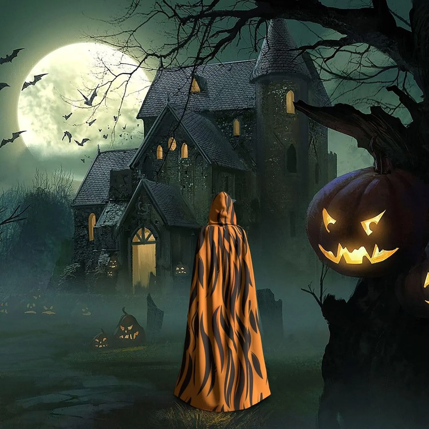 Tiger Stripes Cloak Orange Halloween Costume Hooded Cape for Men Women Cosplay Party