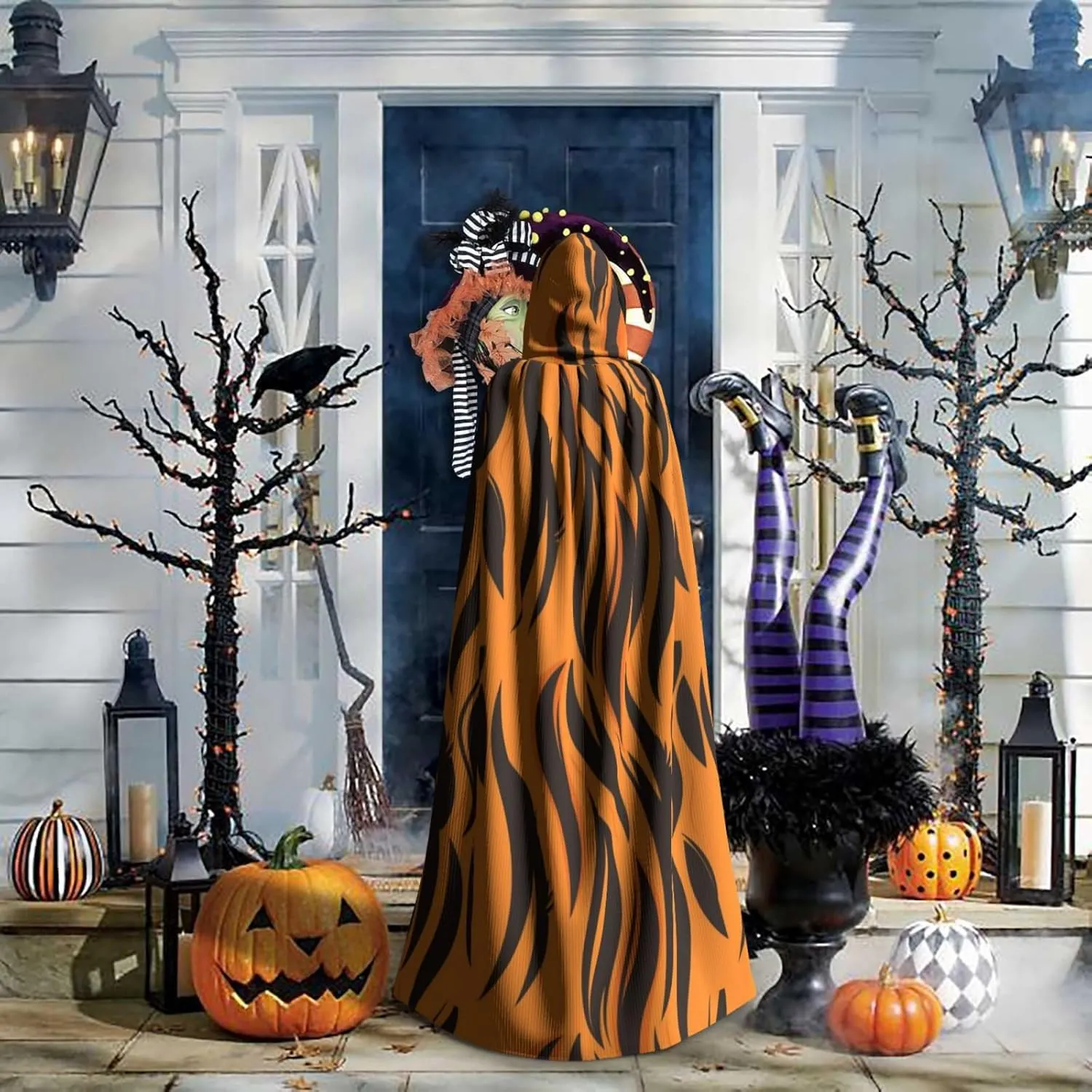 Tiger Stripes Cloak Orange Halloween Costume Hooded Cape for Men Women Cosplay Party