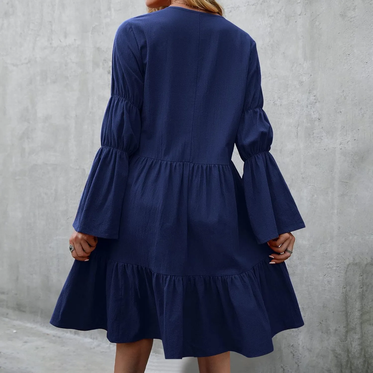 tuduoms Women's Long Sleeve T Shirt Dress Casual Loose Fit Shift Tunic Cotton Dress Ruffle Swing Babydoll Mini Ruffle Dress