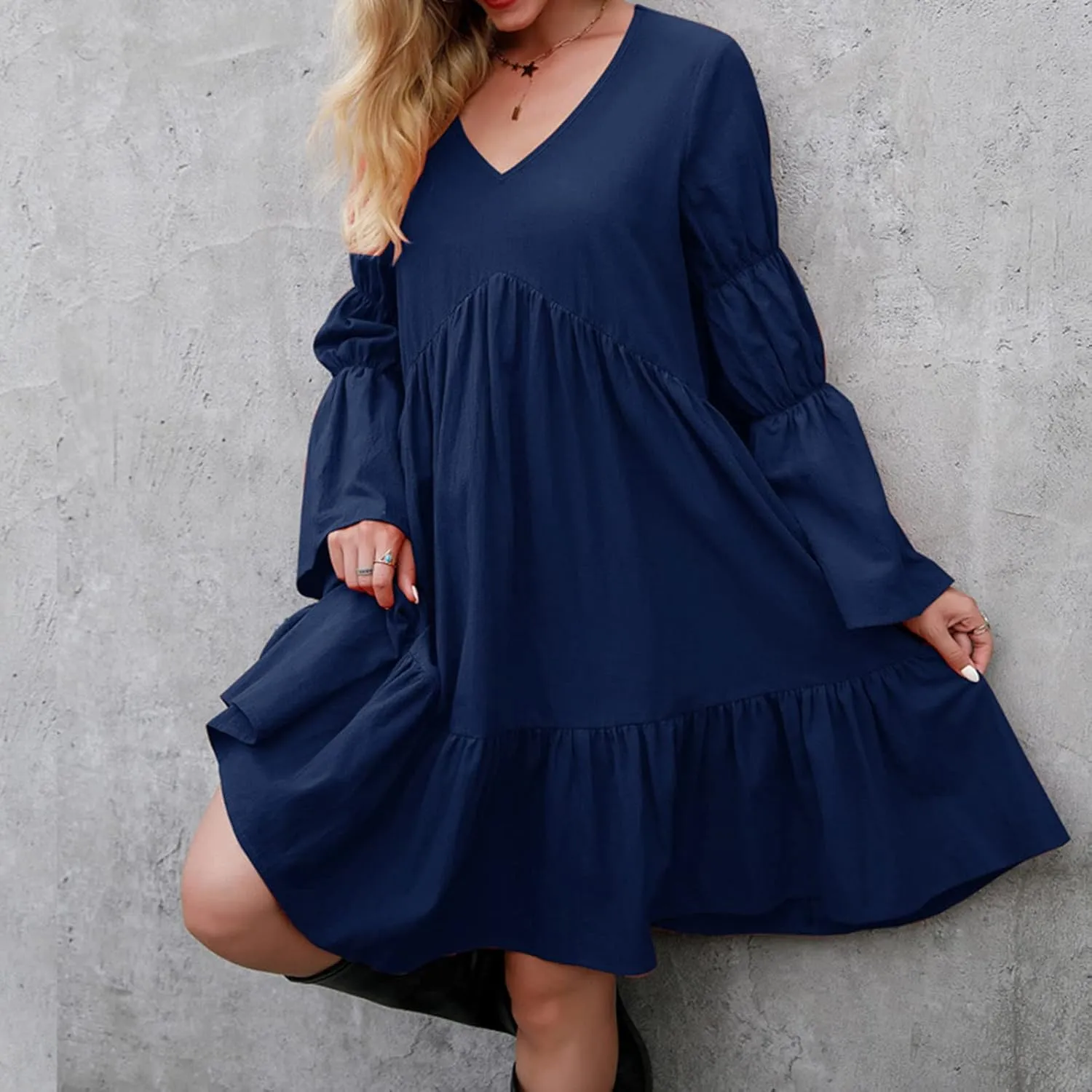tuduoms Women's Long Sleeve T Shirt Dress Casual Loose Fit Shift Tunic Cotton Dress Ruffle Swing Babydoll Mini Ruffle Dress
