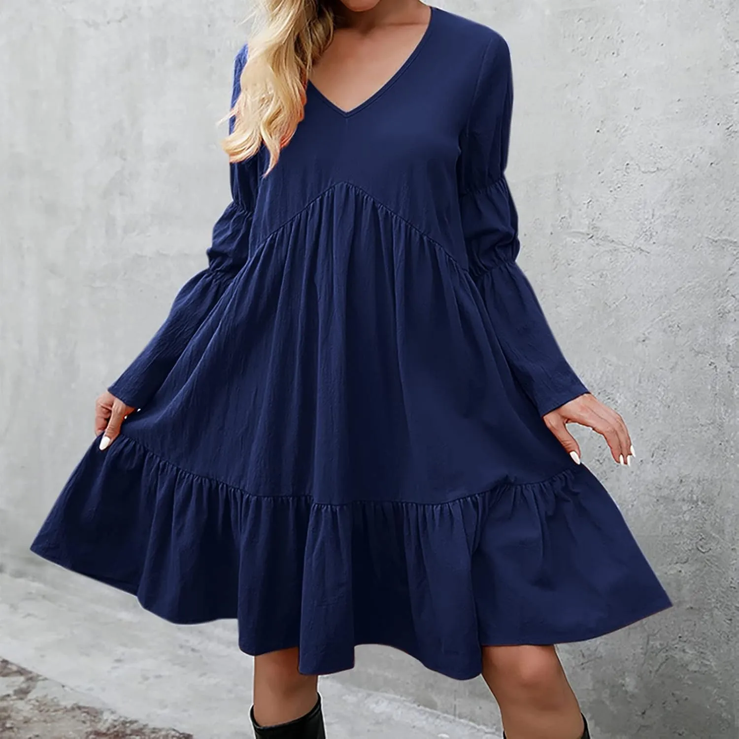 tuduoms Women's Long Sleeve T Shirt Dress Casual Loose Fit Shift Tunic Cotton Dress Ruffle Swing Babydoll Mini Ruffle Dress