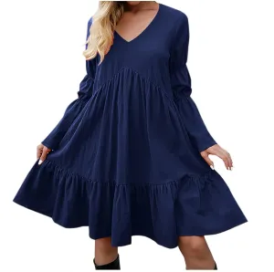 tuduoms Women's Long Sleeve T Shirt Dress Casual Loose Fit Shift Tunic Cotton Dress Ruffle Swing Babydoll Mini Ruffle Dress