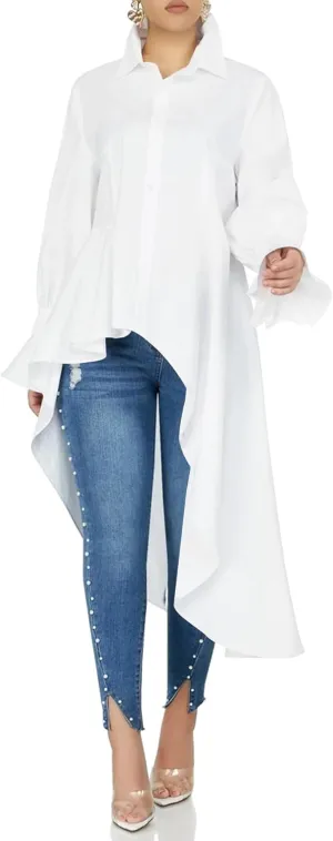 Umenlele Womens Button Down Long Sleeve Asymmetric Ruffle High Low Hem Blouse Shirt Top