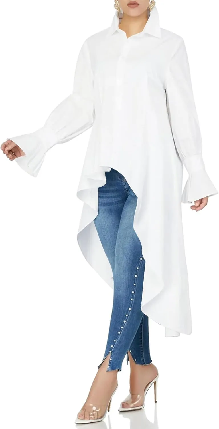 Umenlele Womens Button Down Long Sleeve Asymmetric Ruffle High Low Hem Blouse Shirt Top