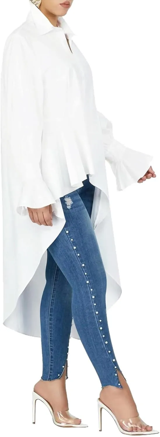 Umenlele Womens Button Down Long Sleeve Asymmetric Ruffle High Low Hem Blouse Shirt Top