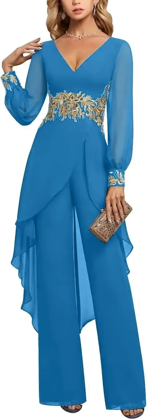 V-Neck Mother of The Bride Pant Suits for Women Asymmetrical High Low Grandmother of The Groom Jumpsuit