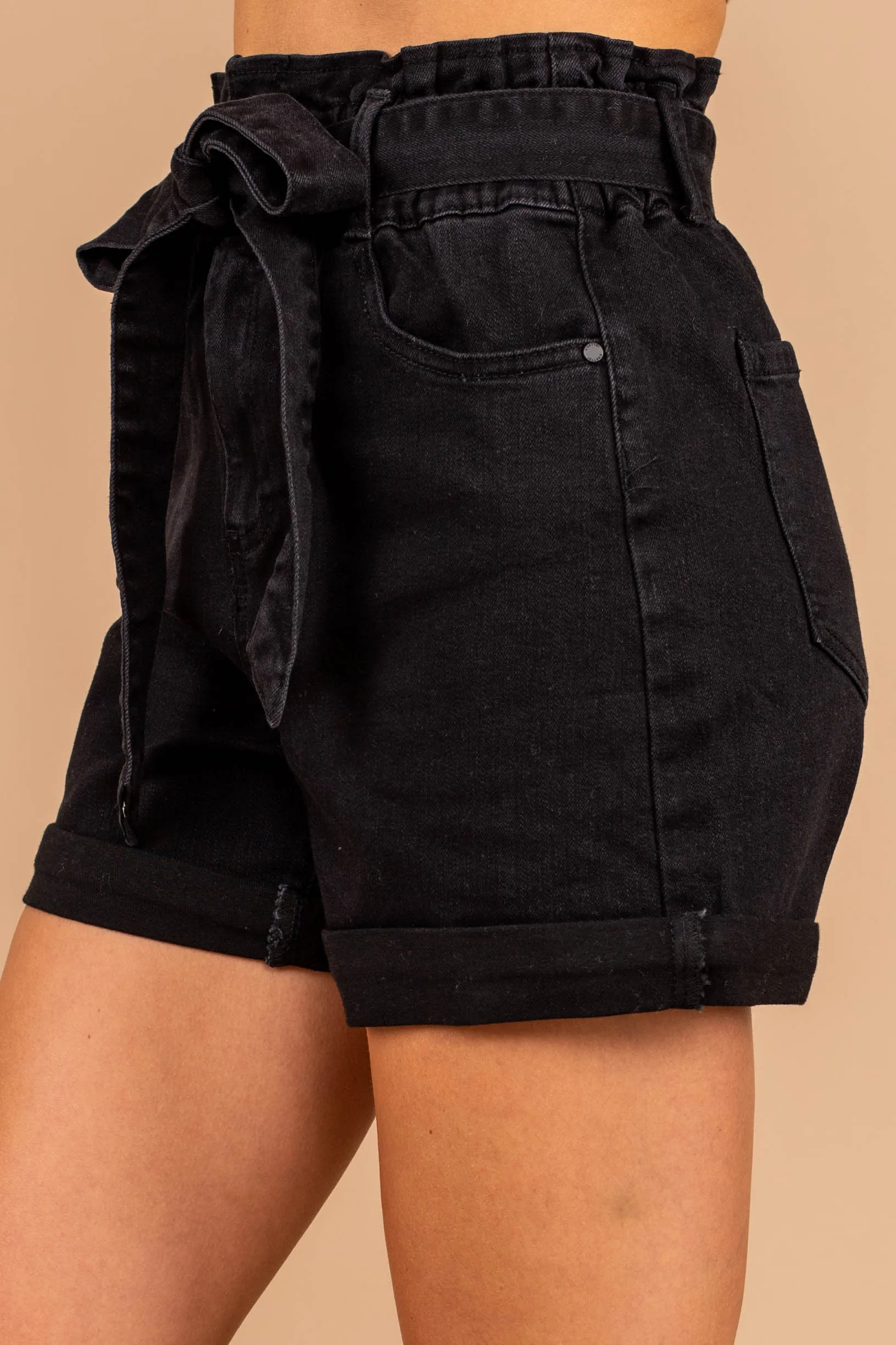 What You Need Black Denim Paperbag Shorts