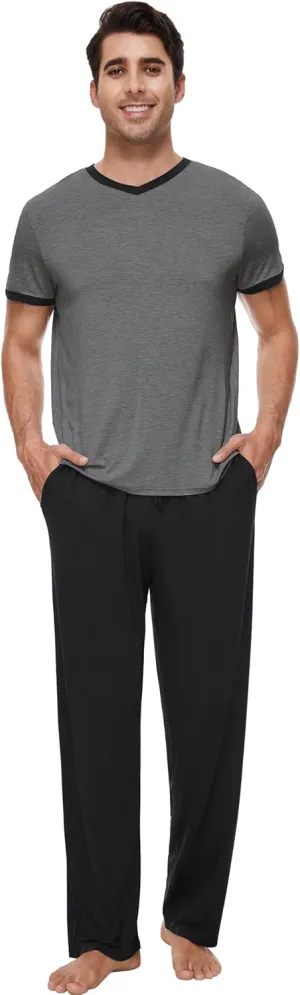 WiWi Mens Pajamas Set Viscose from Bamboo Short Sleeve Sleepwear Knit Nightwear 2 Pieces Loungewear Sets S-XXL