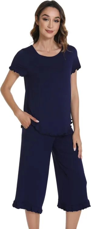 WiWi Pajamas for Women Viscose from Bamboo Short Sleeve Top and Capri Pants Pajama Set Soft Lounge Pj Sets Nightwear S-XXL