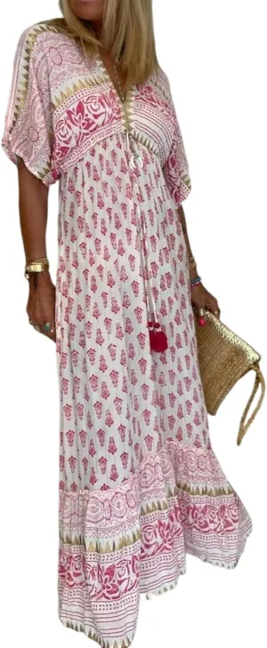 Women Boho Maxi Dress Crochet Patchwork Sleeveless Long Flowy Swing Dress V Neckline Sweet Pink Beach Sundresses