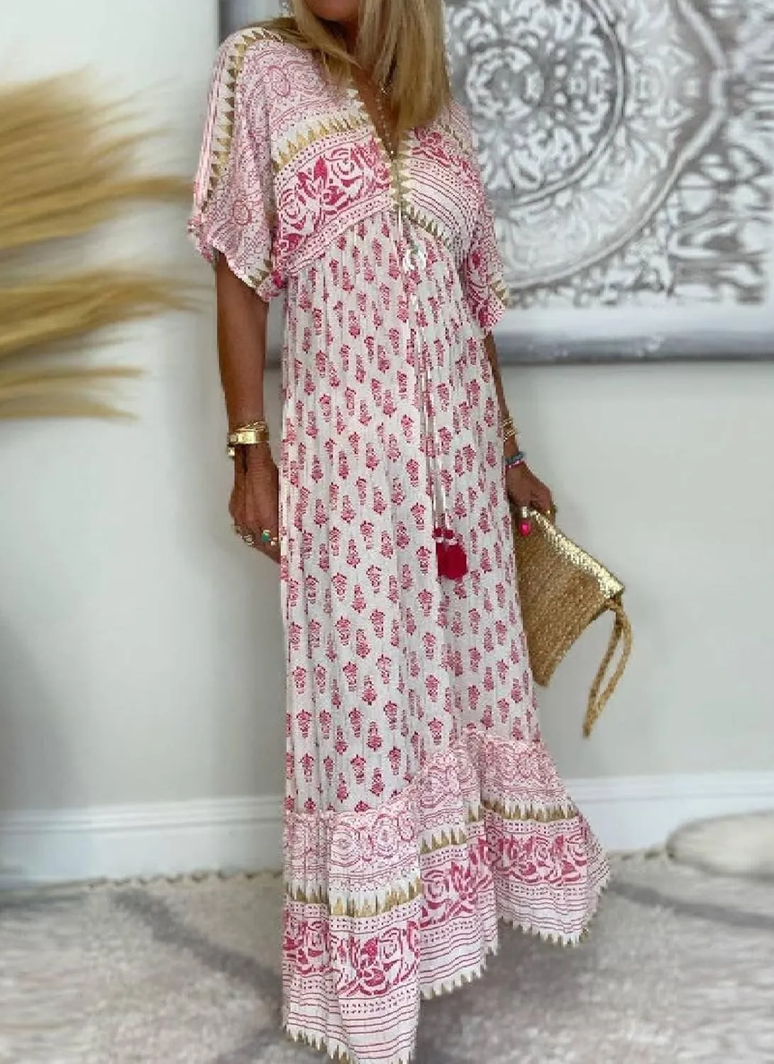 Women Boho Maxi Dress Crochet Patchwork Sleeveless Long Flowy Swing Dress V Neckline Sweet Pink Beach Sundresses