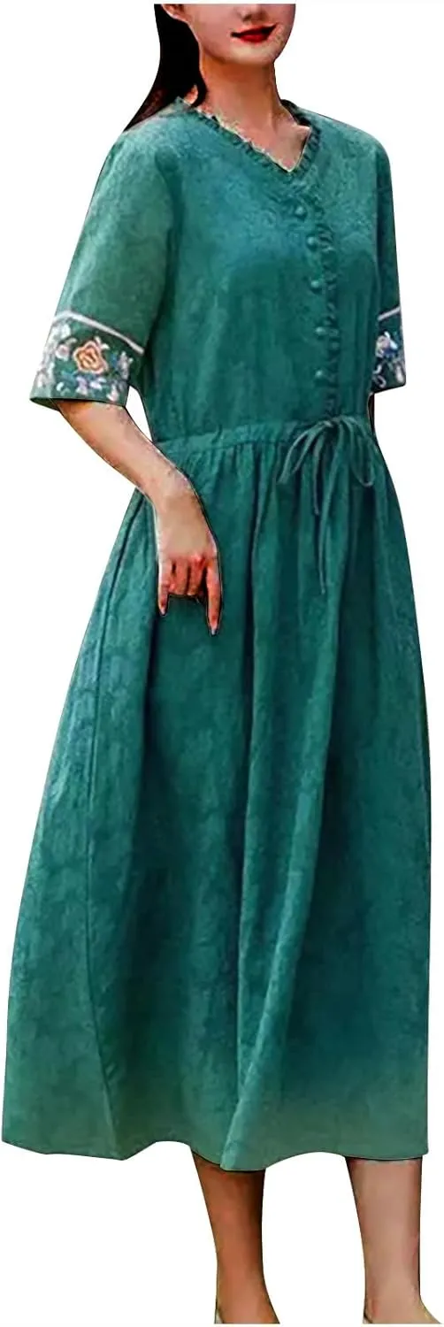 Women Cotton Linen Midi Dress Ruffle V Neck Floral Embroidery Half Sleeve Vintage 2025 Summer Pleated Casual Dress