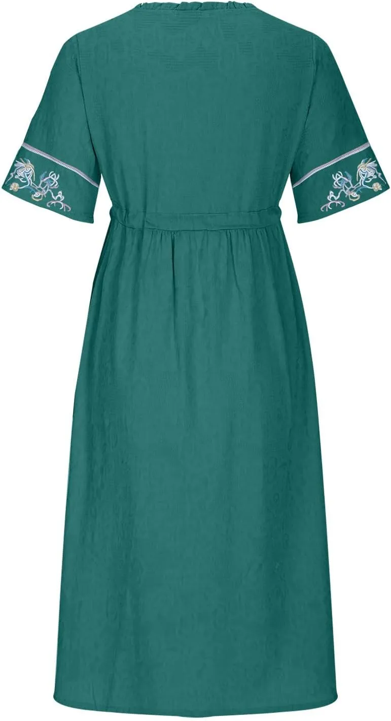 Women Cotton Linen Midi Dress Ruffle V Neck Floral Embroidery Half Sleeve Vintage 2025 Summer Pleated Casual Dress