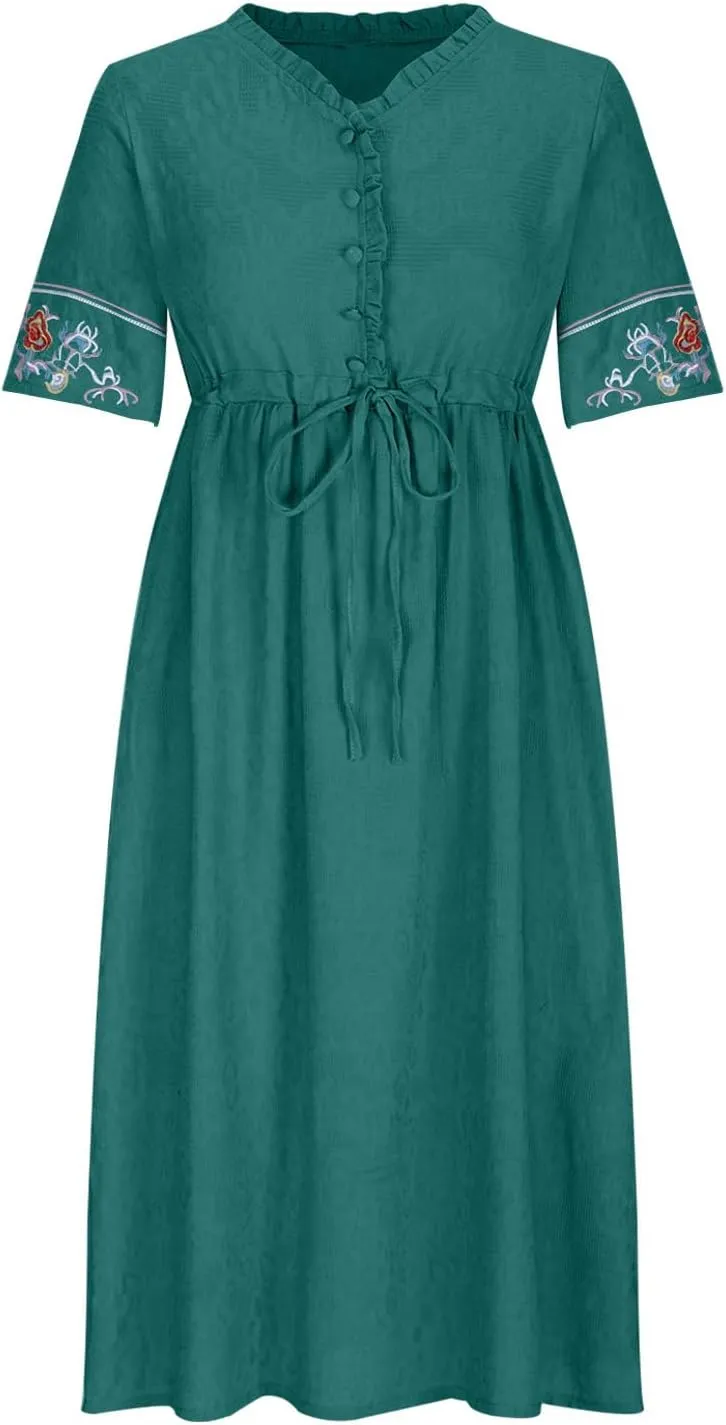Women Cotton Linen Midi Dress Ruffle V Neck Floral Embroidery Half Sleeve Vintage 2025 Summer Pleated Casual Dress