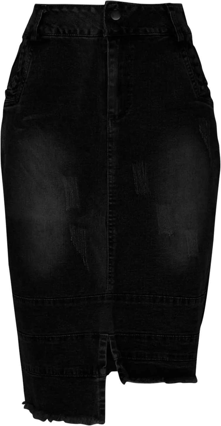 Women Denim Ripped Destroyed Irregular Skirt, Bodycon Streetwear Jean Midi Skirts, High Waist Button Pencil Skirt