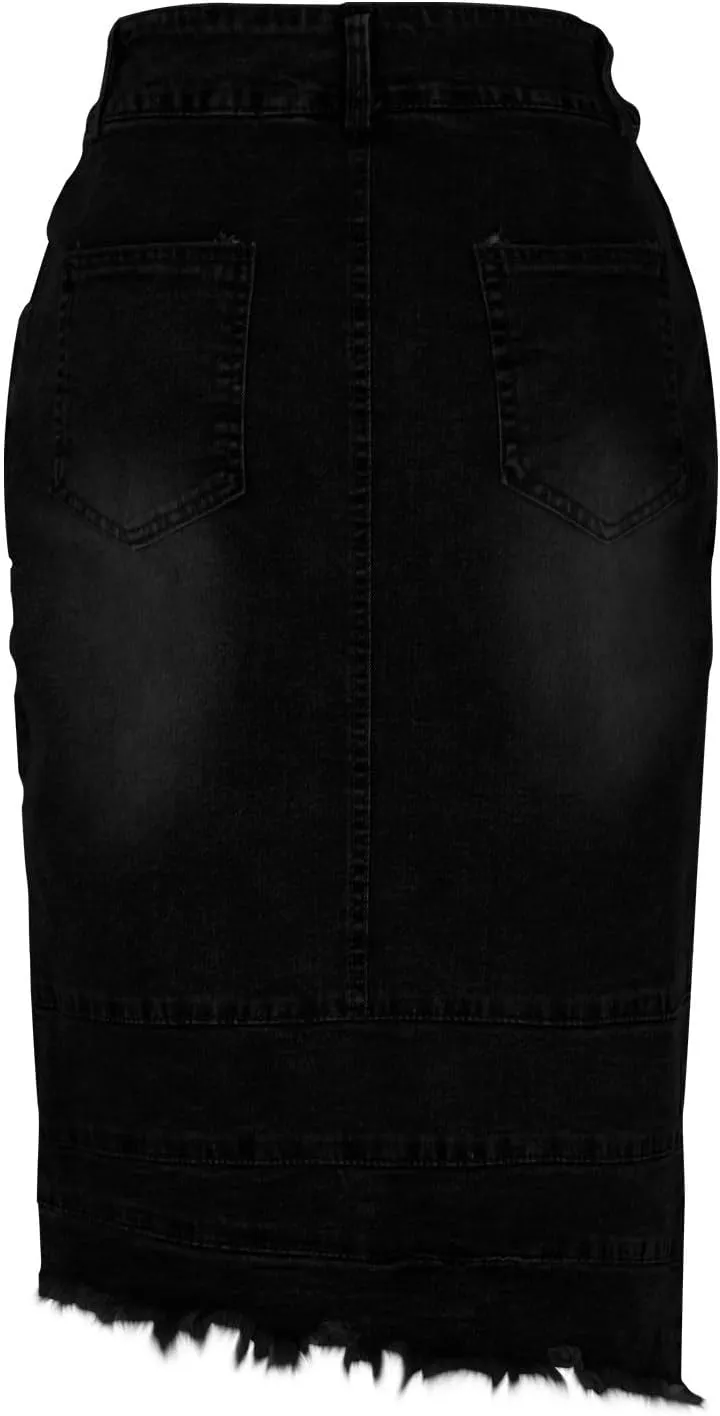 Women Denim Ripped Destroyed Irregular Skirt, Bodycon Streetwear Jean Midi Skirts, High Waist Button Pencil Skirt