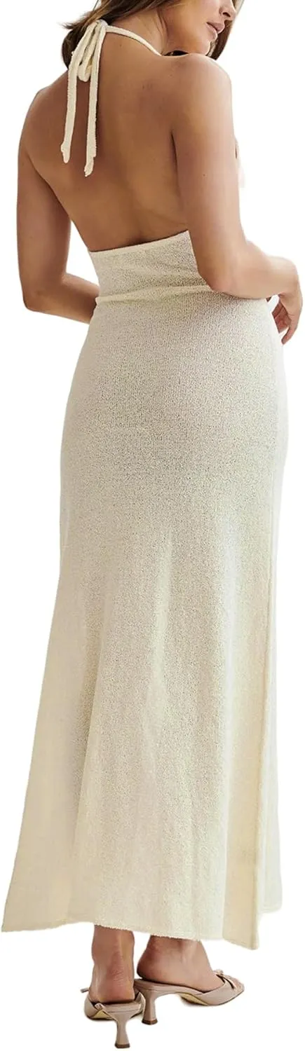 Women Knit Maxi Dress Sexy Side Slit Backless Dress Floral Appliques Long Dress Summer Beach Dresses