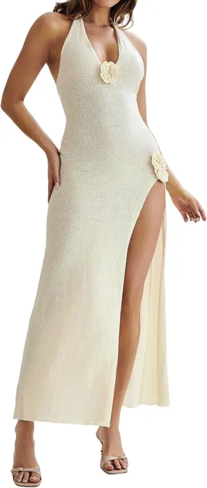 Women Knit Maxi Dress Sexy Side Slit Backless Dress Floral Appliques Long Dress Summer Beach Dresses