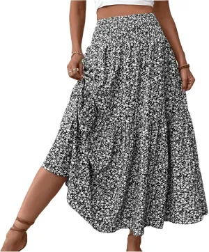 Women Long Skirts Boho Floral High Waisted Casual A Line Skirt Pleated Beach Flowy Swing Maxi-Skirt Vacation Clothes
