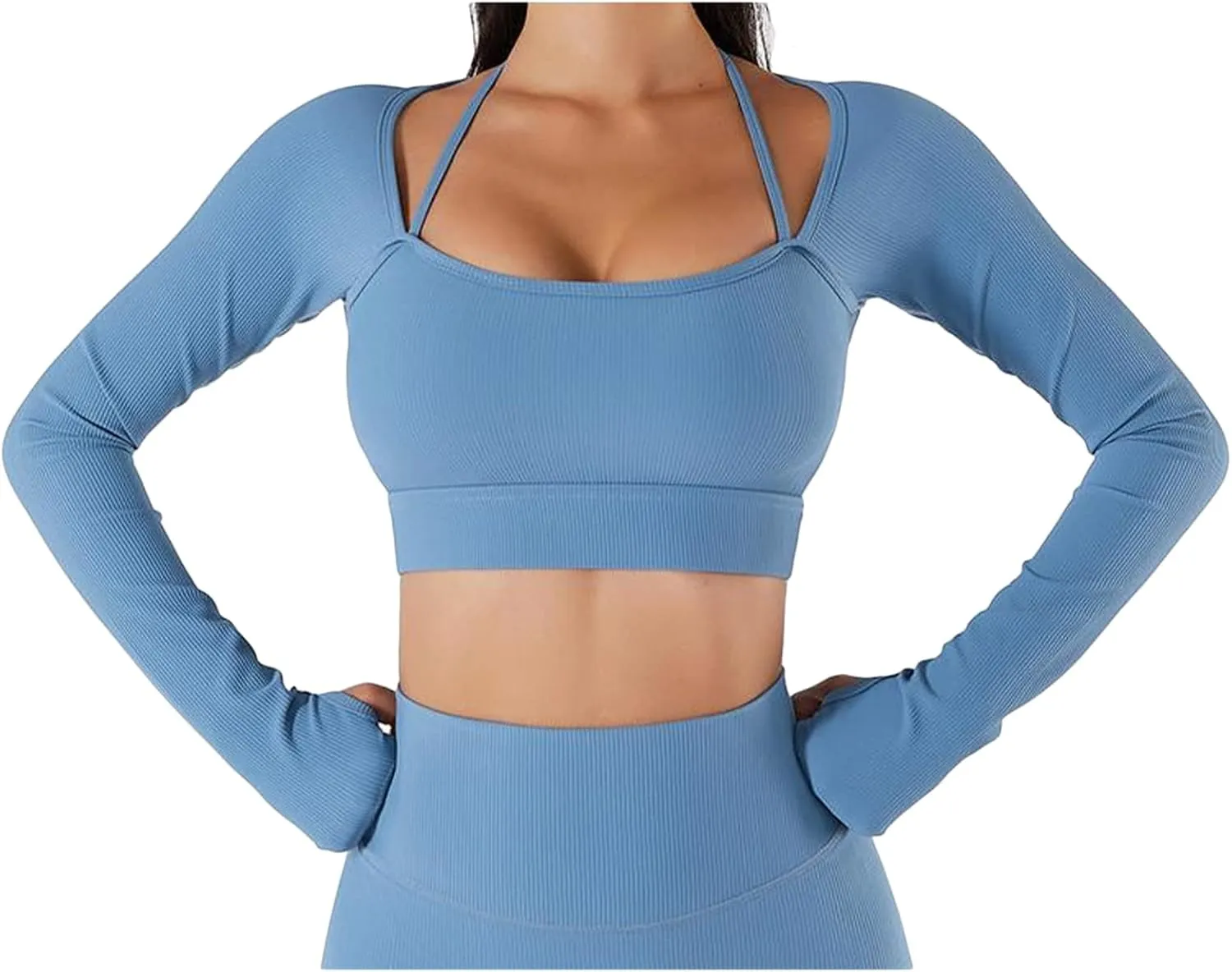 Women Long Sleeves Workout Sportswear, Neck Wider Hem High Waist Fingertip Quick Drying Yoga Sports Top(L-Dark Blue)