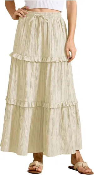 Women Midi Skirt Summer Boho Elastic High Waist Beach Long Skirts Casual Trendy Hem Pleated A-Line Flowy Swing Skirt