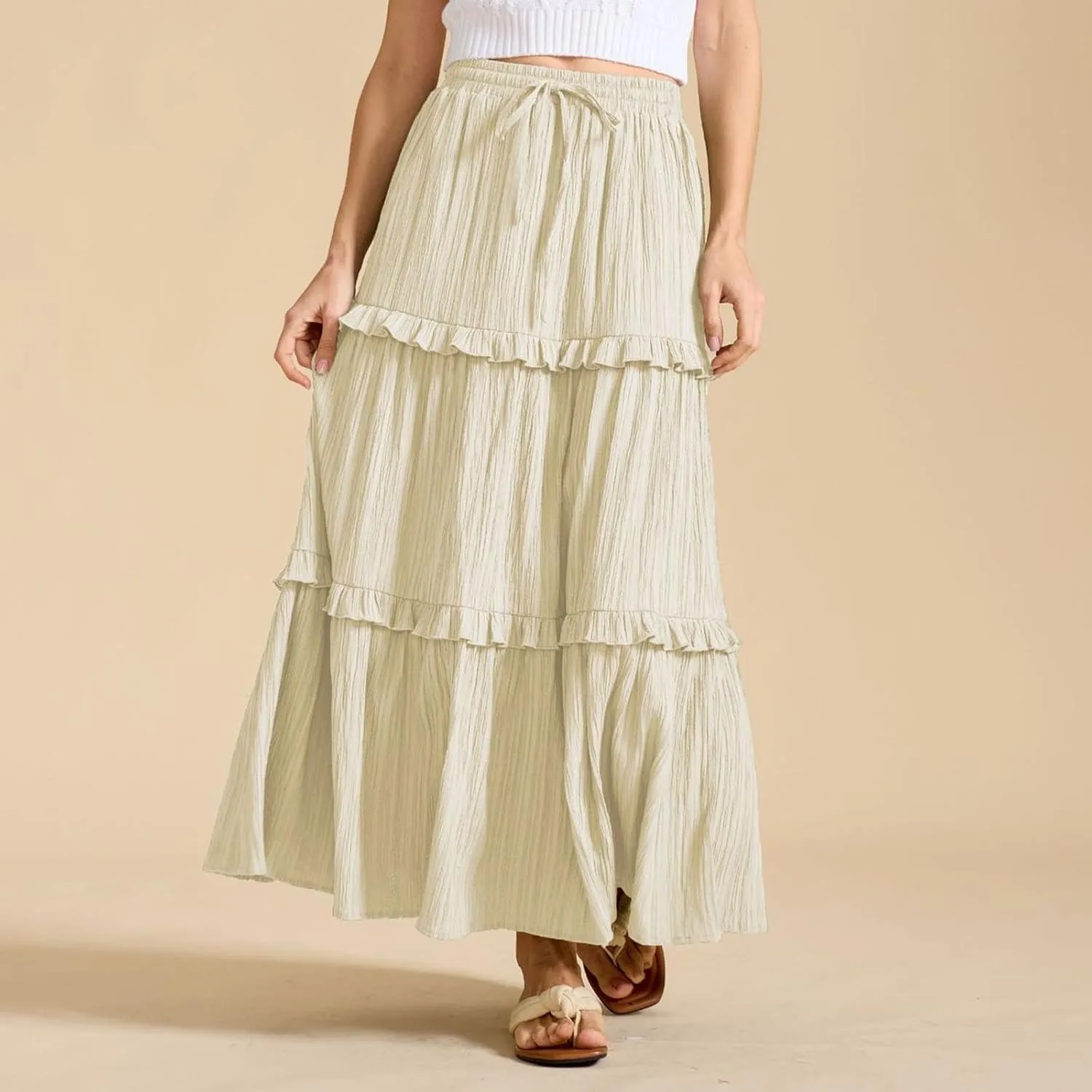 Women Midi Skirt Summer Boho Elastic High Waist Beach Long Skirts Casual Trendy Hem Pleated A-Line Flowy Swing Skirt