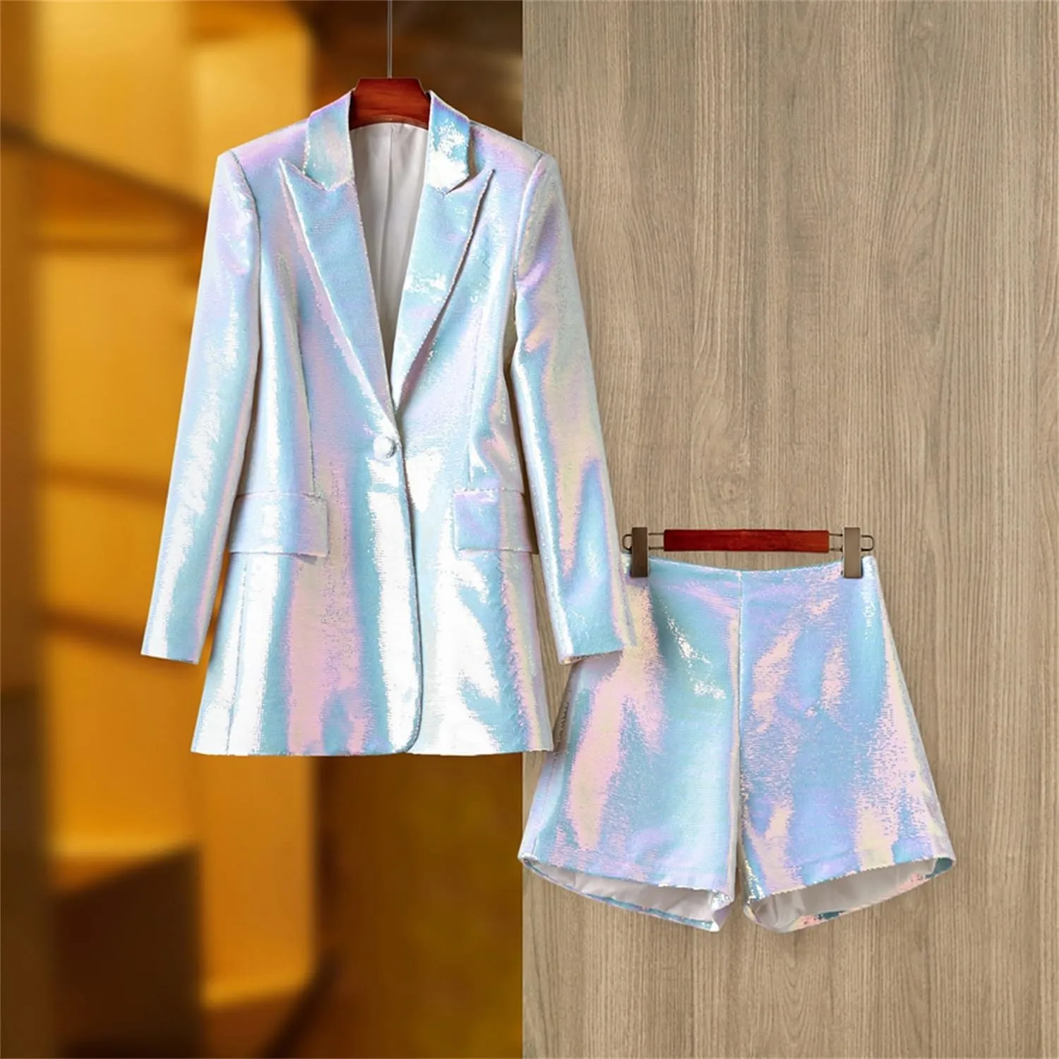 Women Sequin Blazer and Short Set 2 PC Slim Fit Notch Lapel Prom Party Glitter Suit