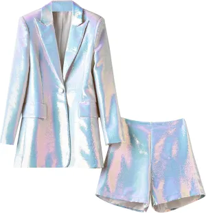 Women Sequin Blazer and Short Set 2 PC Slim Fit Notch Lapel Prom Party Glitter Suit