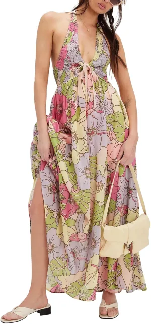 Women Summer Boho Floral Maxi Dress Casual Deep V Neck Smocked Halter Dress Open Back Flowy Sundresses with Pockets
