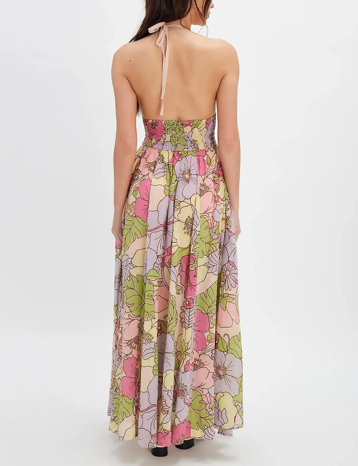 Women Summer Boho Floral Maxi Dress Casual Deep V Neck Smocked Halter Dress Open Back Flowy Sundresses with Pockets
