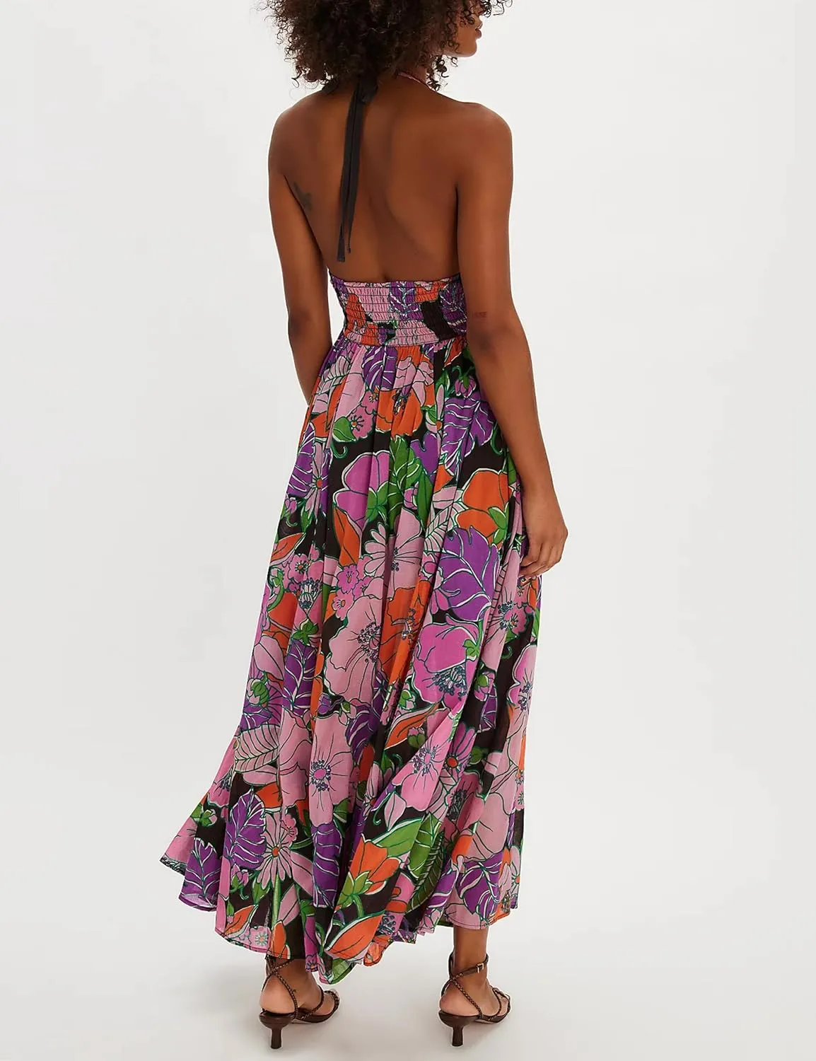 Women Summer Boho Floral Maxi Dress Casual Deep V Neck Smocked Halter Dress Open Back Flowy Sundresses with Pockets