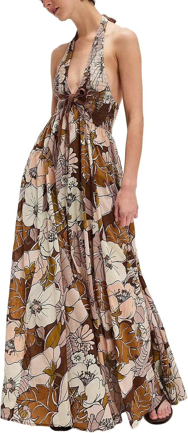 Women Summer Boho Floral Maxi Dress Casual Deep V Neck Smocked Halter Dress Open Back Flowy Sundresses with Pockets