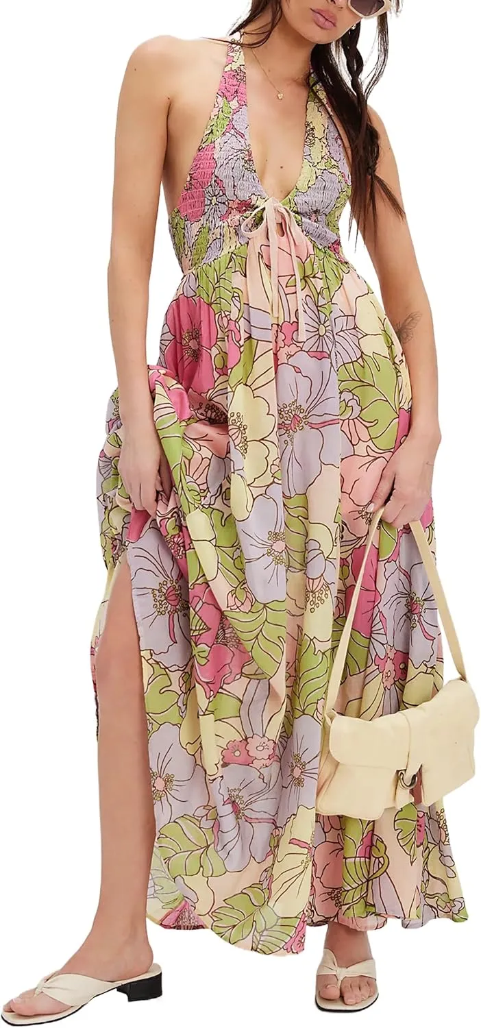 Women Summer Boho Floral Maxi Dress Casual Deep V Neck Smocked Halter Dress Open Back Flowy Sundresses with Pockets