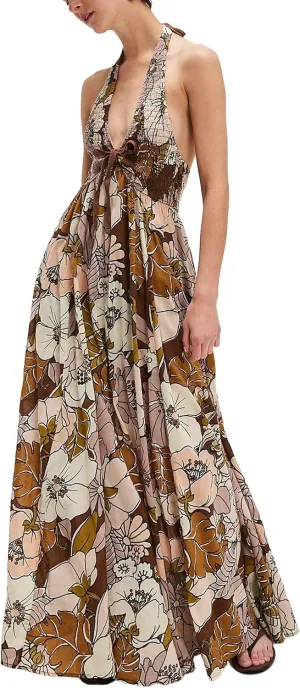 Women Summer Boho Floral Maxi Dress Casual Deep V Neck Smocked Halter Dress Open Back Flowy Sundresses with Pockets