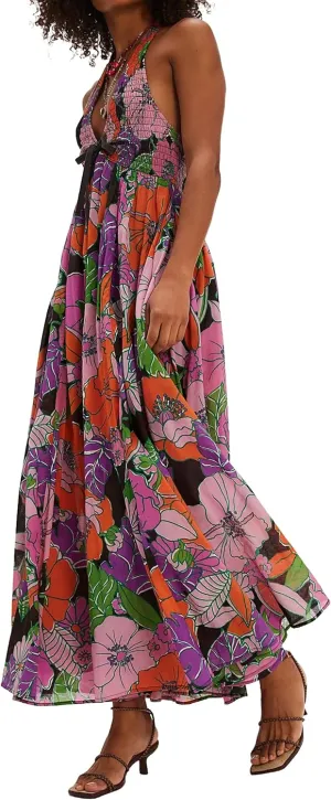 Women Summer Boho Floral Maxi Dress Casual Deep V Neck Smocked Halter Dress Open Back Flowy Sundresses with Pockets
