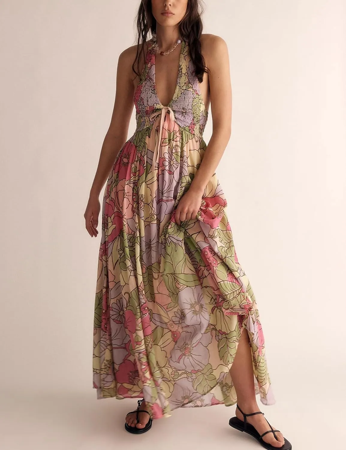 Women Summer Boho Floral Maxi Dress Casual Deep V Neck Smocked Halter Dress Open Back Flowy Sundresses with Pockets