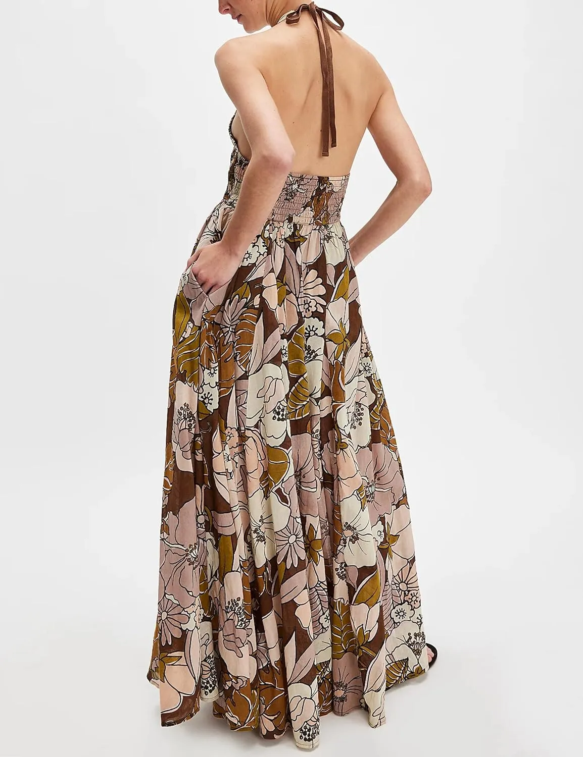 Women Summer Boho Floral Maxi Dress Casual Deep V Neck Smocked Halter Dress Open Back Flowy Sundresses with Pockets