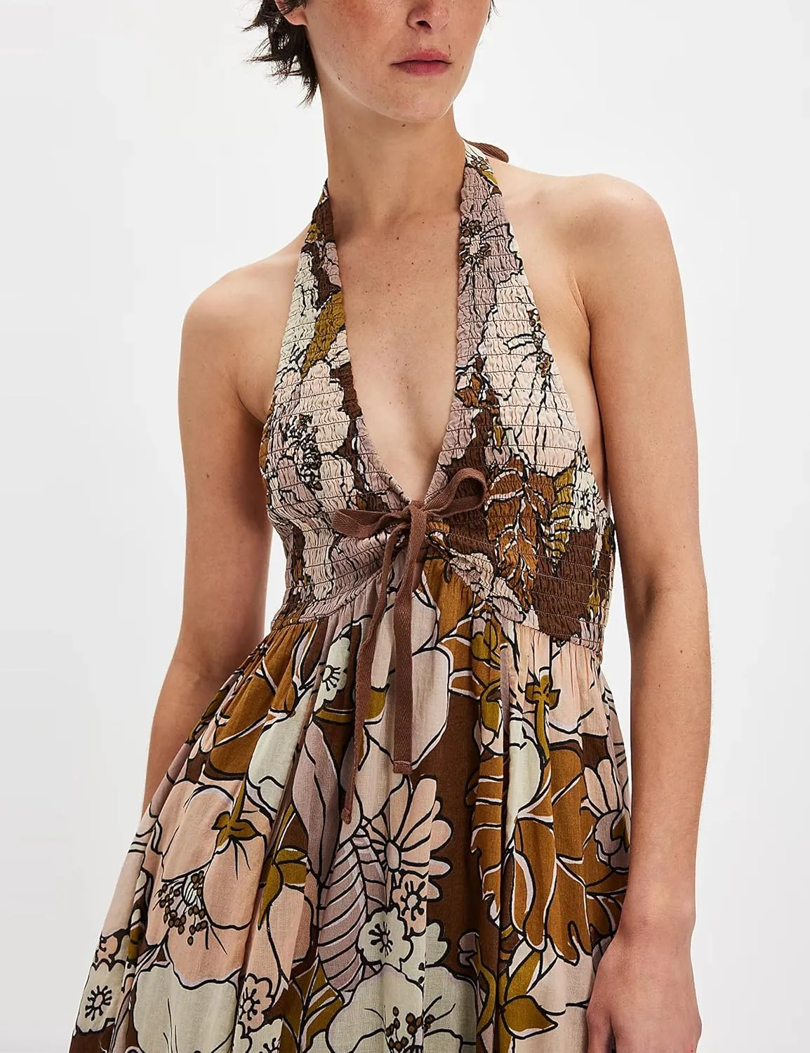 Women Summer Boho Floral Maxi Dress Casual Deep V Neck Smocked Halter Dress Open Back Flowy Sundresses with Pockets