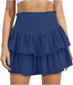 Women Summer Tiered Short Skirt with Shorts, Smocked High Waisted Ruffle Mini Skirts Teen Girls Cute Casual Skirts