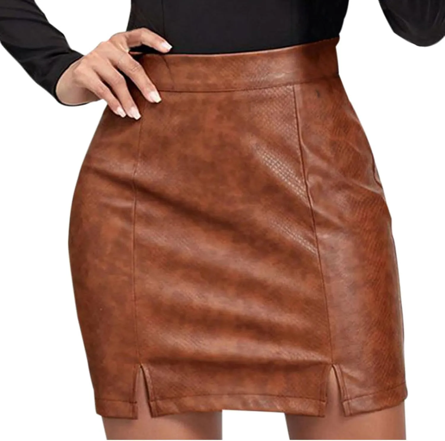 Women's Basic High Waist Faux Leather Skirt A Line Slim Fit Hip Wrap Bodycon Mini Pencil Skirt Split Y2k Streetwear