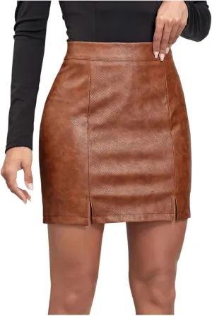 Women's Basic High Waist Faux Leather Skirt A Line Slim Fit Hip Wrap Bodycon Mini Pencil Skirt Split Y2k Streetwear