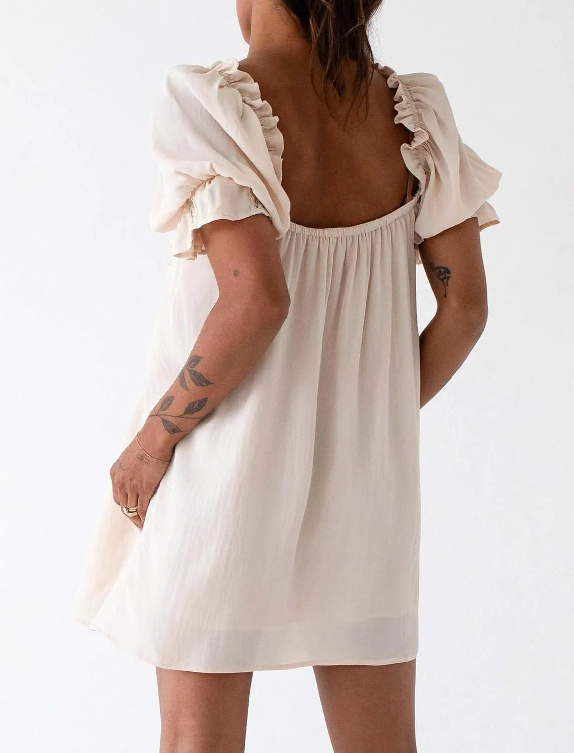 Womens Boho Babydoll Dress Front Bow Tie Patchwork Lace Ruffle Trim Puff Sleeve Floral Mini Dress