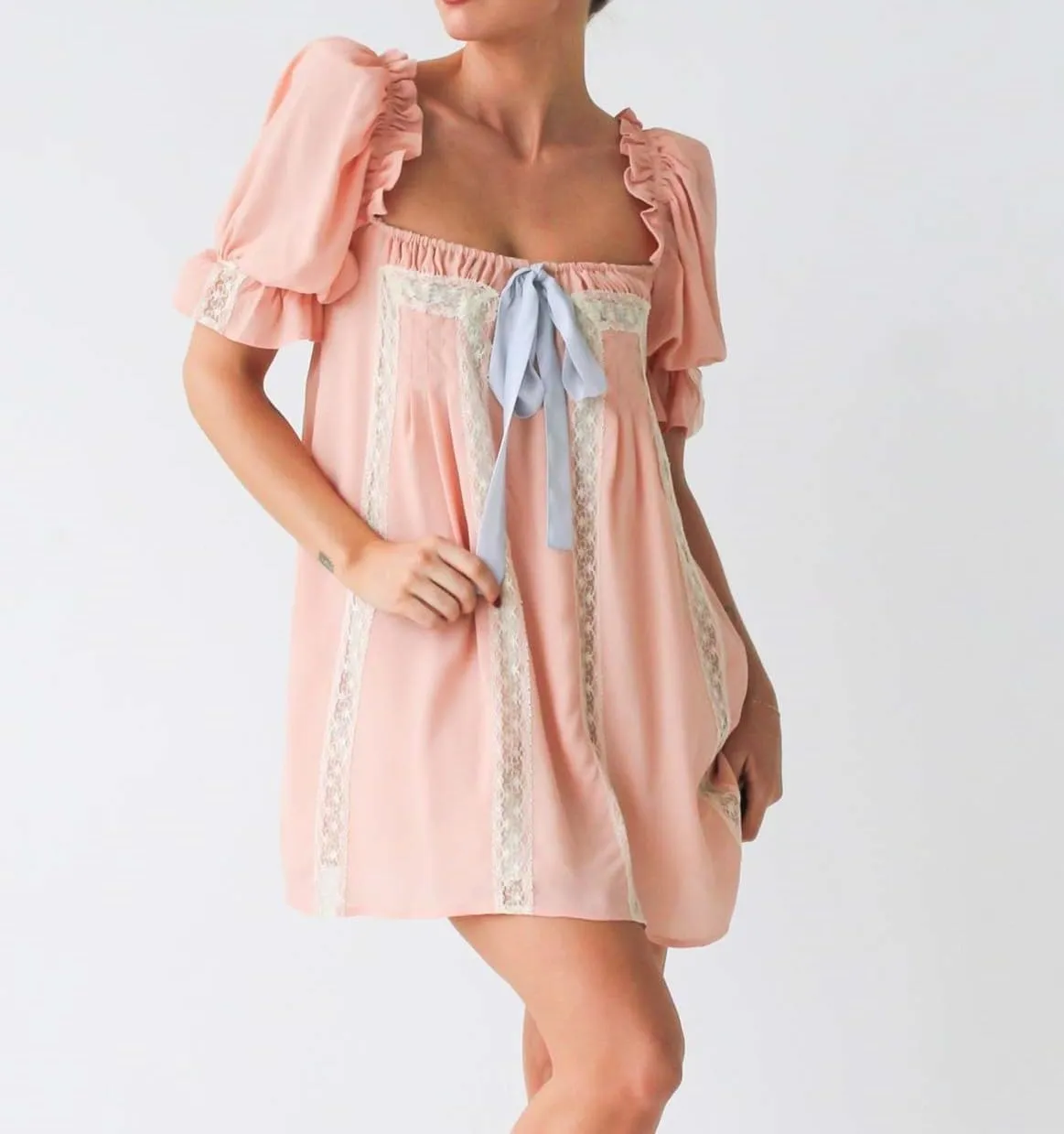 Womens Boho Babydoll Dress Front Bow Tie Patchwork Lace Ruffle Trim Puff Sleeve Floral Mini Dress
