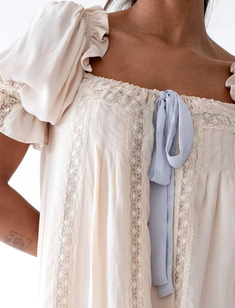 Womens Boho Babydoll Dress Front Bow Tie Patchwork Lace Ruffle Trim Puff Sleeve Floral Mini Dress