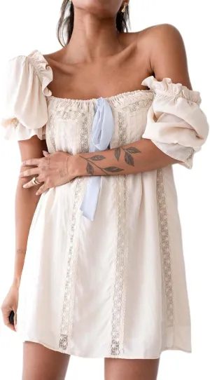 Womens Boho Babydoll Dress Front Bow Tie Patchwork Lace Ruffle Trim Puff Sleeve Floral Mini Dress