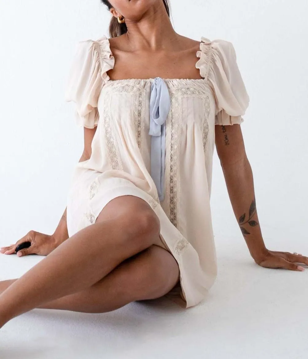 Womens Boho Babydoll Dress Front Bow Tie Patchwork Lace Ruffle Trim Puff Sleeve Floral Mini Dress